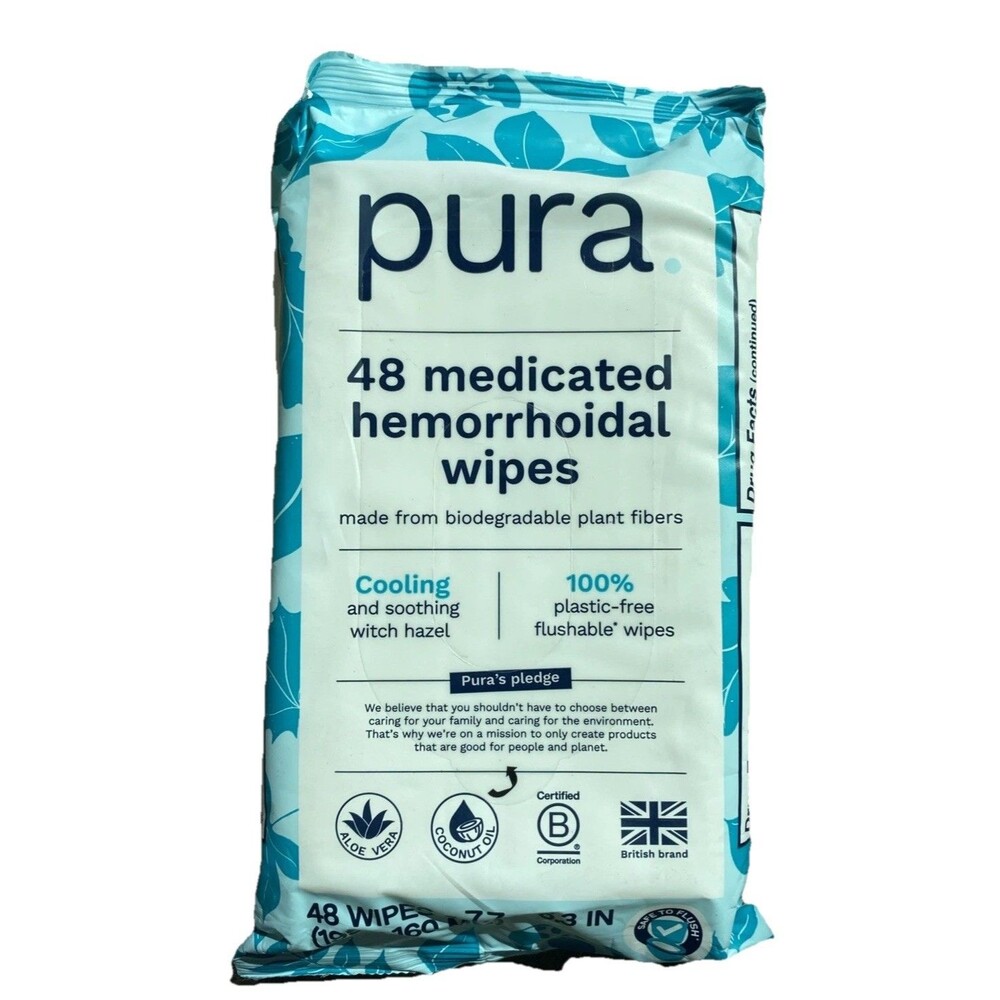 Pura Flushable Hemorrhoid Wipes XL 48 Count Cooling Plastic Free Biodegradable